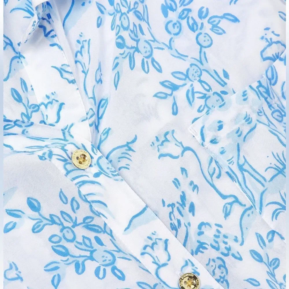 Lilly Pulitzer Natalie Resort White Blue Button Front Tab Sleeve Cover Up